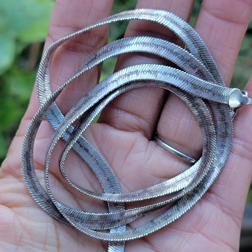 Vintage long 24 inch thick 5 mm silver plated herringbone chain necklace